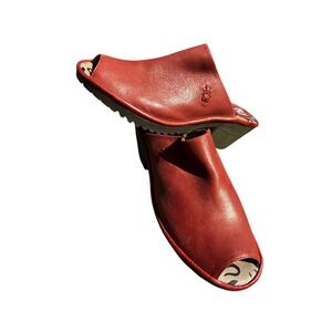 Fly London Red Leather Peep Toe Mule Block Heel Sandals Womens 41 size 10